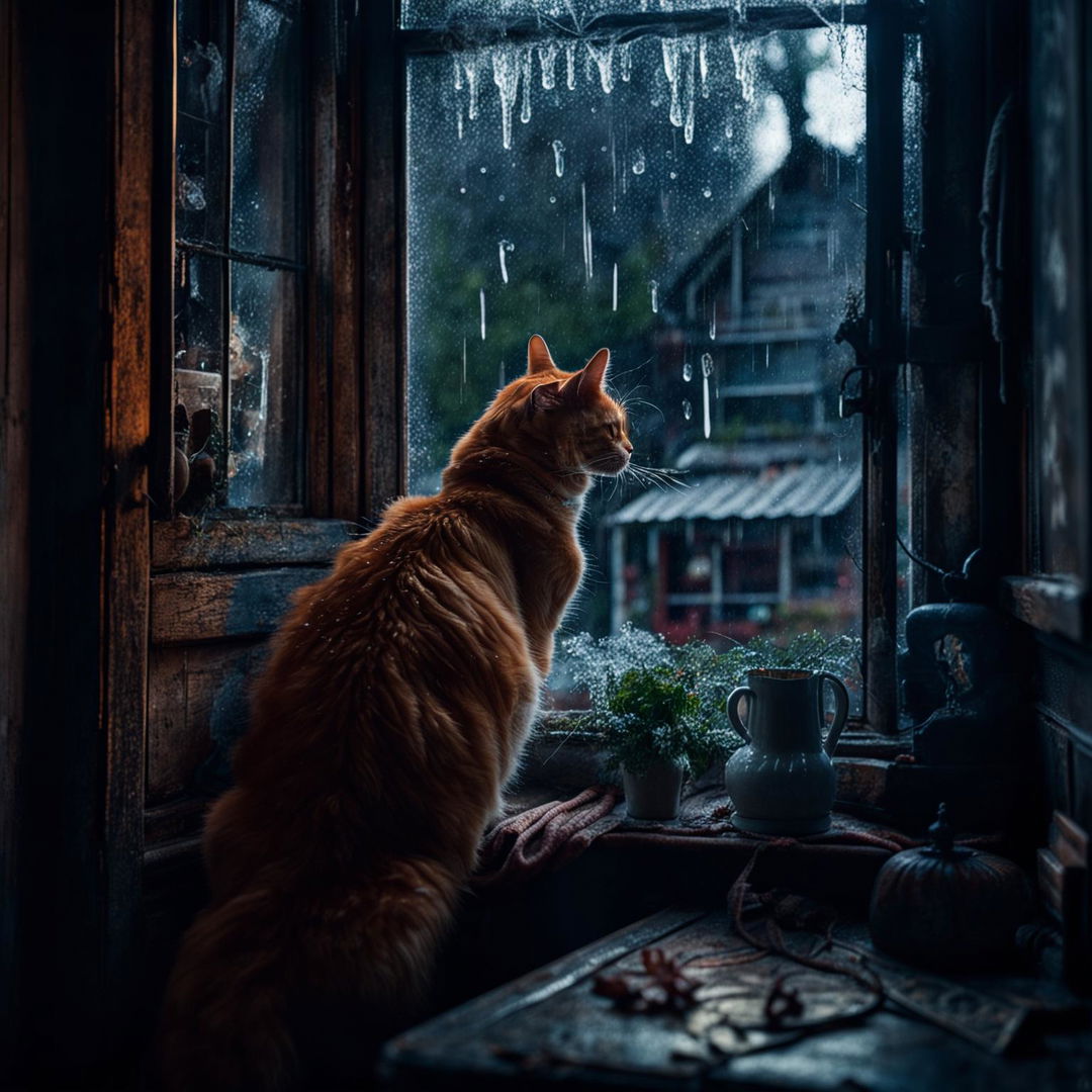 Full back view of a ginger cat looking out at the rain from an old window, captured in full shot with Sony α7R IV and Sony FE 60 mm f/2