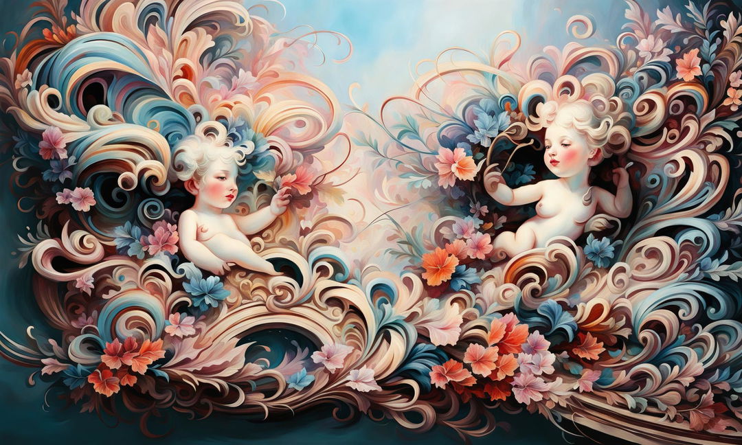 Abstract Rococo-style concept painting filled with pastel hues, ornate details, and expressive brushwork.