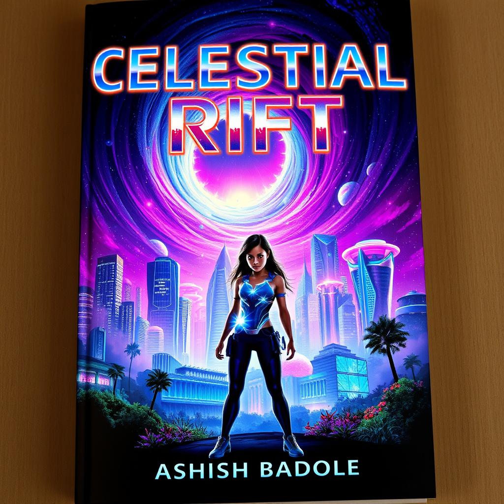 Book cover for 'Celestial Rift' showcasing Nova Prime's vibrant skyscrapers and bioluminescent gardens, all brightly illuminated beneath a swirling cosmic rift