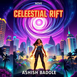 Book cover for 'Celestial Rift' showcasing Nova Prime's vibrant skyscrapers and bioluminescent gardens, all brightly illuminated beneath a swirling cosmic rift