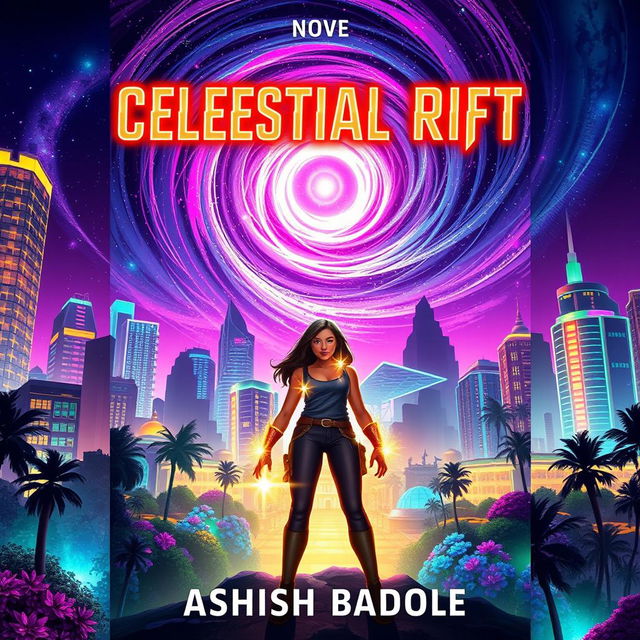 Book cover for 'Celestial Rift' showcasing Nova Prime's vibrant skyscrapers and bioluminescent gardens, all brightly illuminated beneath a swirling cosmic rift