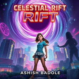Book cover for 'Celestial Rift' showcasing Nova Prime's vibrant skyscrapers and bioluminescent gardens, all brightly illuminated beneath a swirling cosmic rift