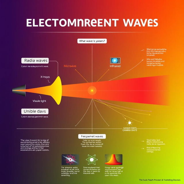 A colorful and educational poster illustrating various types of electromagnetic waves, including radio waves, microwaves, infrared, visible light, ultraviolet, X-rays, and gamma rays