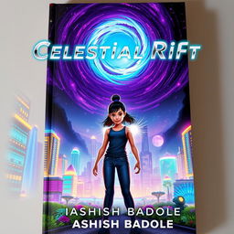 Book cover for 'Celestial Rift' showcasing Nova Prime's vibrant skyscrapers and bioluminescent gardens, all brightly illuminated beneath a swirling cosmic rift