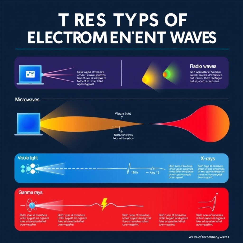 A colorful and educational poster illustrating various types of electromagnetic waves, including radio waves, microwaves, infrared, visible light, ultraviolet, X-rays, and gamma rays