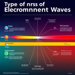 A colorful and educational poster illustrating various types of electromagnetic waves, including radio waves, microwaves, infrared, visible light, ultraviolet, X-rays, and gamma rays