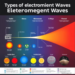 A colorful and educational poster illustrating various types of electromagnetic waves, including radio waves, microwaves, infrared, visible light, ultraviolet, X-rays, and gamma rays