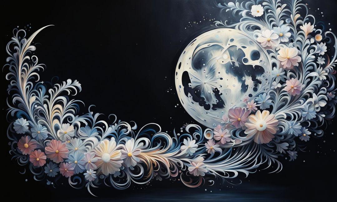 Rococo style concept painting featuring an abstract moon against a deep black background filled with distant stars