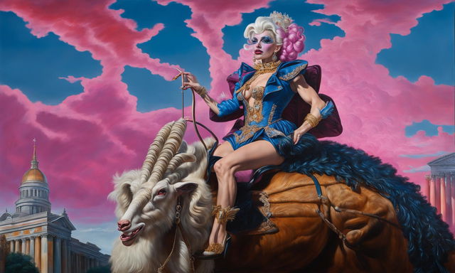 Neoclassical oil painting of a flamboyant drag queen majestically riding a goat