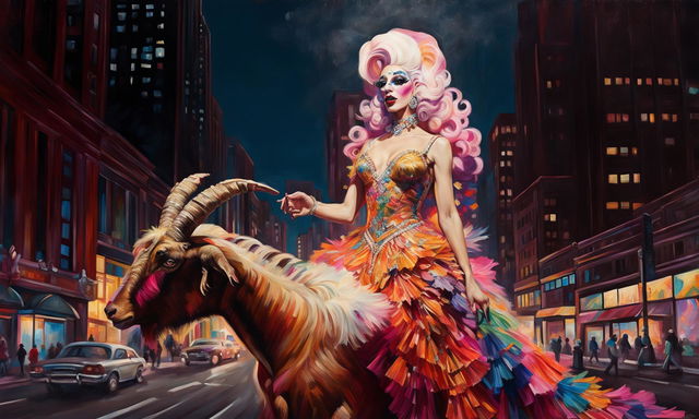 Progressive modern Neoclassical oil painting featuring a drag queen riding a goat amidst a bustling cityscape.