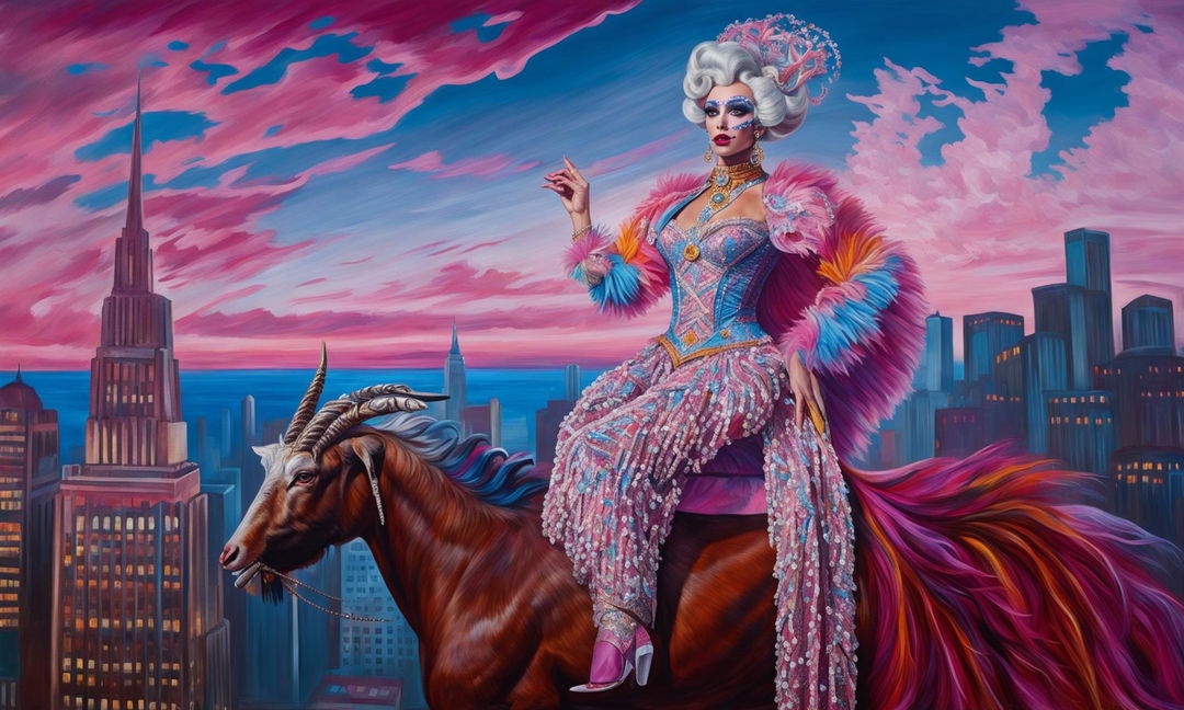 Progressive modern Neoclassical oil painting featuring a flamboyant drag queen riding a sturdy goat through a modern cityscape