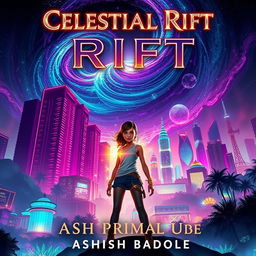 Book cover for 'Celestial Rift' set in Nova Prime, featuring its vibrant skyscrapers and luminous bioluminescent gardens, all vividly illuminated under a swirling cosmic rift