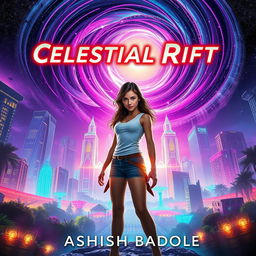 Book cover for 'Celestial Rift' set in Nova Prime, featuring its vibrant skyscrapers and luminous bioluminescent gardens, all vividly illuminated under a swirling cosmic rift