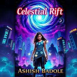 Book cover for 'Celestial Rift' set in Nova Prime, featuring its vibrant skyscrapers and luminous bioluminescent gardens, all vividly illuminated under a swirling cosmic rift