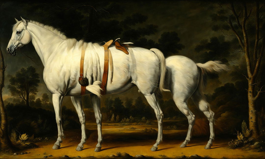 Fine art oil painting from the 1700s featuring a reverse centaur with human legs and a horse face and torso.