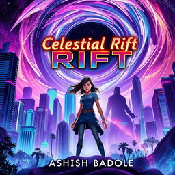 Book cover for 'Celestial Rift' set in Nova Prime, featuring its vibrant skyscrapers and luminous bioluminescent gardens, all vividly illuminated under a swirling cosmic rift