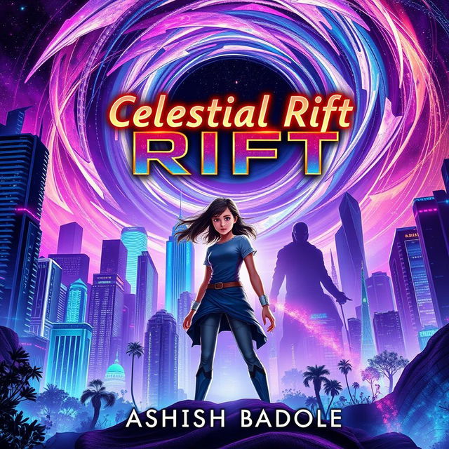 Book cover for 'Celestial Rift' set in Nova Prime, featuring its vibrant skyscrapers and luminous bioluminescent gardens, all vividly illuminated under a swirling cosmic rift