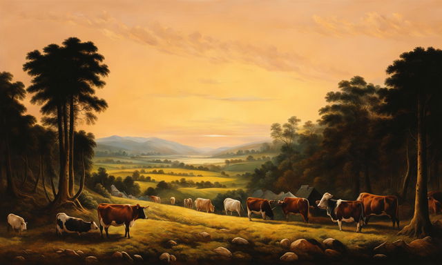 A 1700s-style fine art oil painting depicting a large, majestic cow preaching to a gathering of various breeds of cows in a lush field at dusk