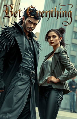 A stunning scene depicting a beautiful, young, and dangerous lord of darkness standing confidently in a modern setting, engaging in a thrilling challenge with an ordinary, modern woman