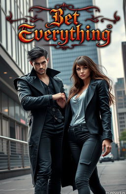 A stunning scene depicting a beautiful, young, and dangerous lord of darkness standing confidently in a modern setting, engaging in a thrilling challenge with an ordinary, modern woman