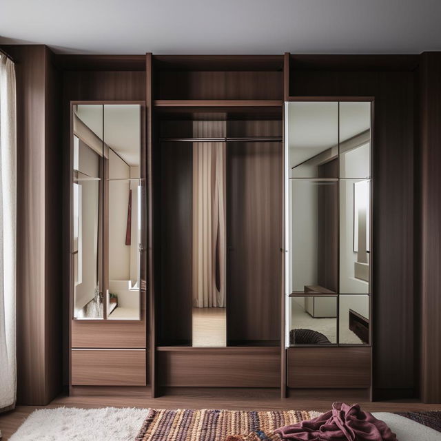 A sophisticated and elegant wardrobe design for a bedroom with ample storage space, sleek drawers, mirrored doors, and a walnut finish.