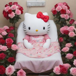 Innocently charming Hello Kitty undergoing dialysis treatment while surrounded by a plethora of vibrant roses for an emotional and delicate scene