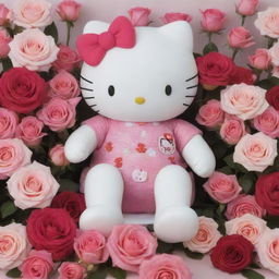 Innocently charming Hello Kitty undergoing dialysis treatment while surrounded by a plethora of vibrant roses for an emotional and delicate scene