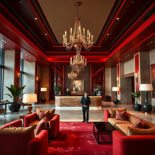 An opulent hotel reception area designed for a 5-star luxury experience, featuring an elegant lobby with a sophisticated atmosphere tailored for wealthy executive travelers