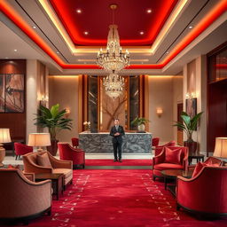An opulent hotel reception area designed for a 5-star luxury experience, featuring an elegant lobby with a sophisticated atmosphere tailored for wealthy executive travelers