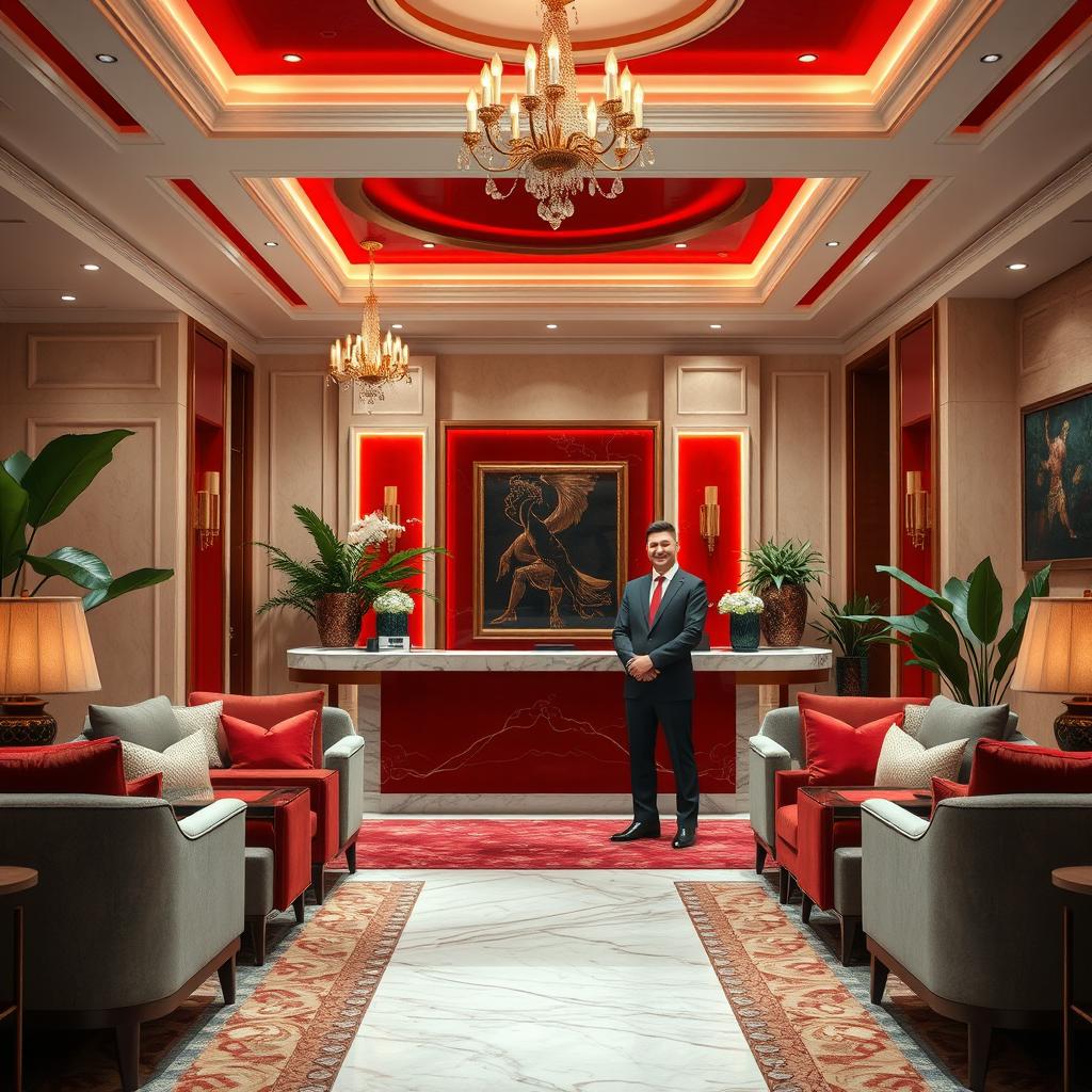 An opulent hotel reception area designed for a 5-star luxury experience, featuring an elegant lobby with a sophisticated atmosphere tailored for wealthy executive travelers