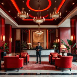 An opulent hotel reception area designed for a 5-star luxury experience, featuring an elegant lobby with a sophisticated atmosphere tailored for wealthy executive travelers
