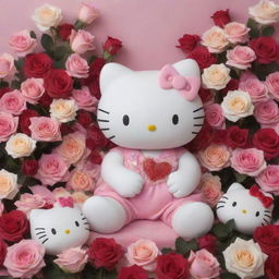 Innocently charming Hello Kitty undergoing dialysis treatment while surrounded by a plethora of vibrant roses for an emotional and delicate scene