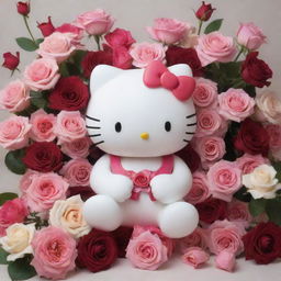 Innocently charming Hello Kitty undergoing dialysis treatment while surrounded by a plethora of vibrant roses for an emotional and delicate scene