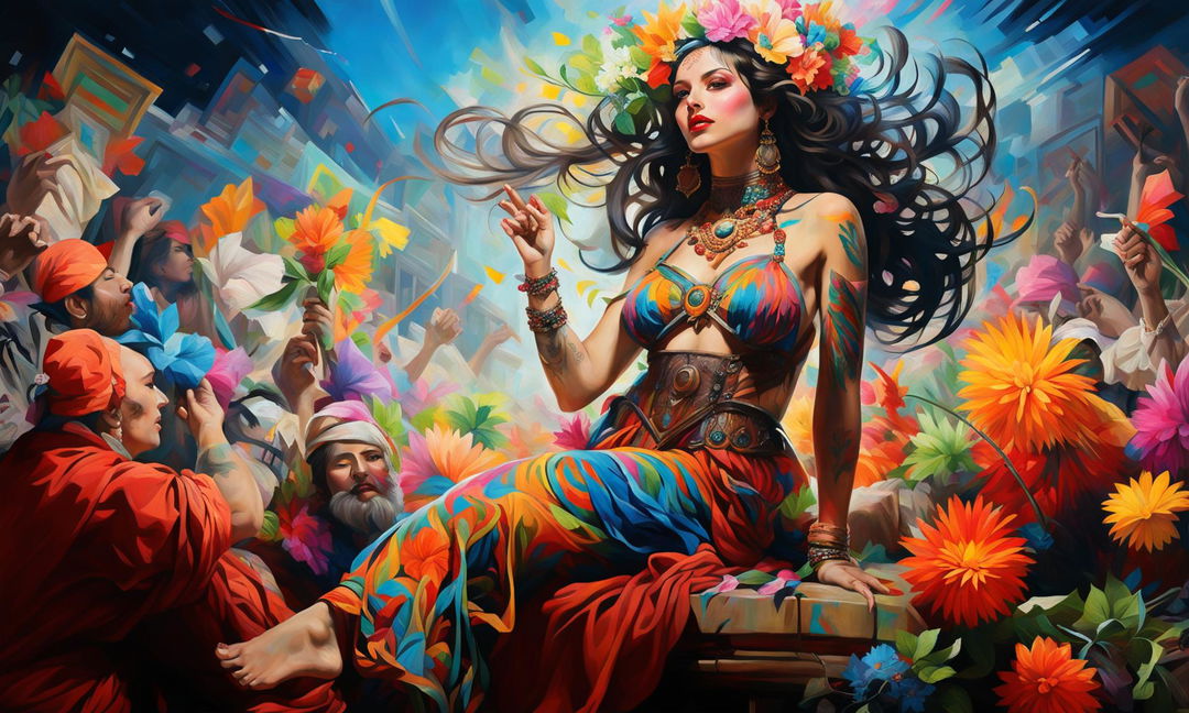 A 1700s-style fine art oil painting showcasing a photorealistic depiction of a stunning supermodel in vibrant festival attire, adorned with flowers and tattoos