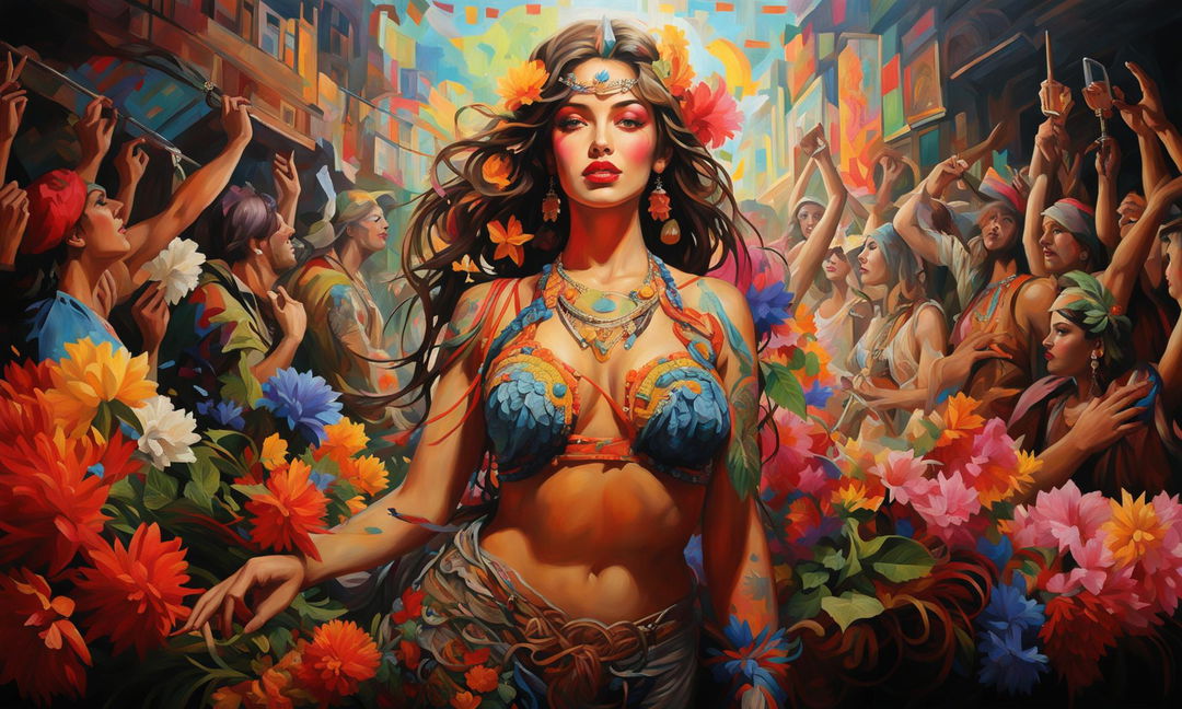 1700s-style fine art oil painting featuring a photorealistic supermodel in vibrant festival attire adorned with flowers and tattoos on a 200m canvas with 32k elements