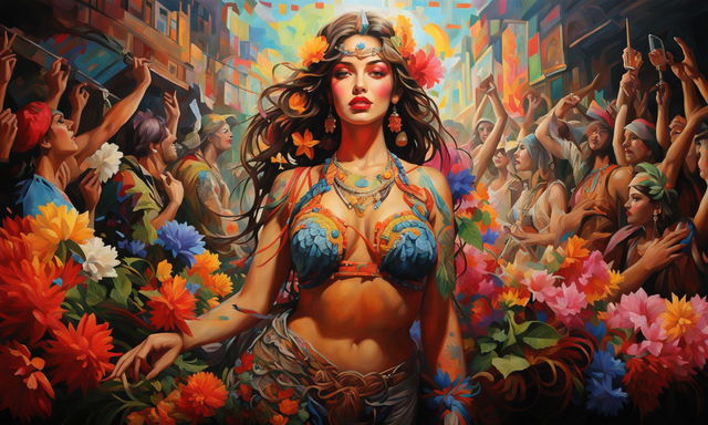 1700s-style fine art oil painting featuring a photorealistic supermodel in vibrant festival attire adorned with flowers and tattoos on a 200m canvas with 32k elements