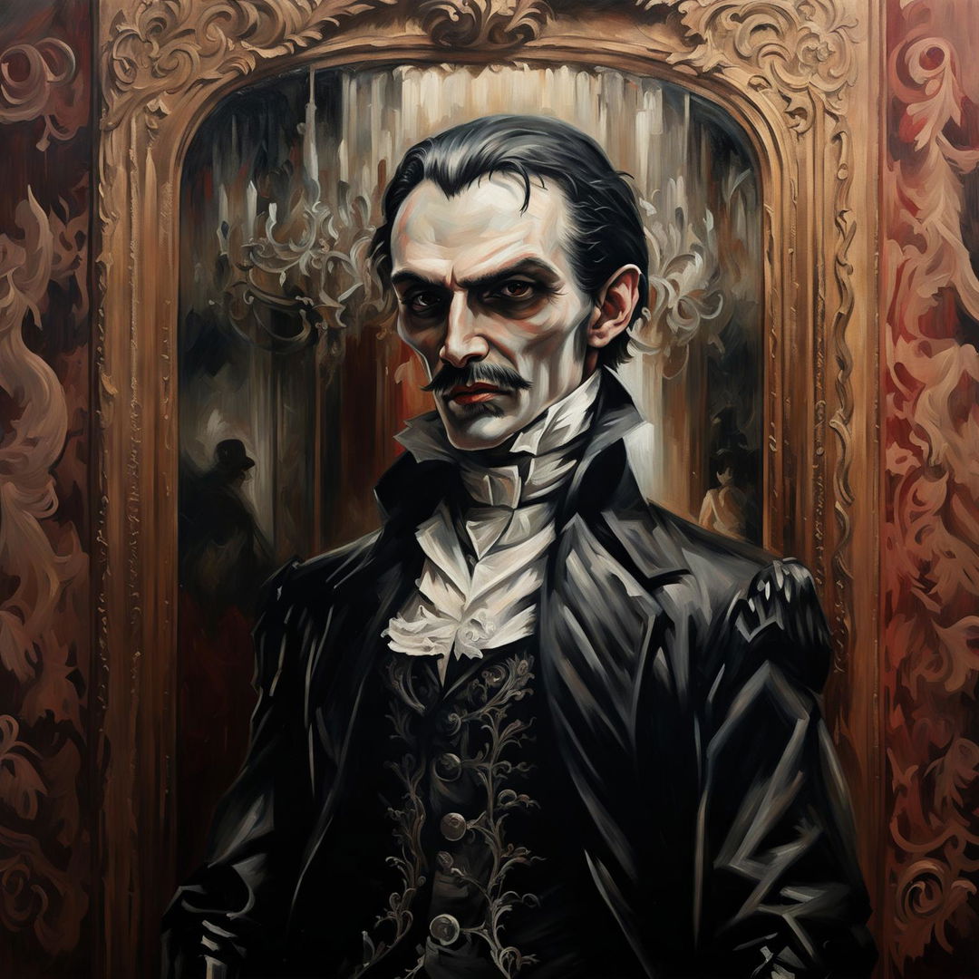 Rococo-style oil painting of Bram Stoker's Dracula, textured and detailed with 32k elements on a 200mm canvas.