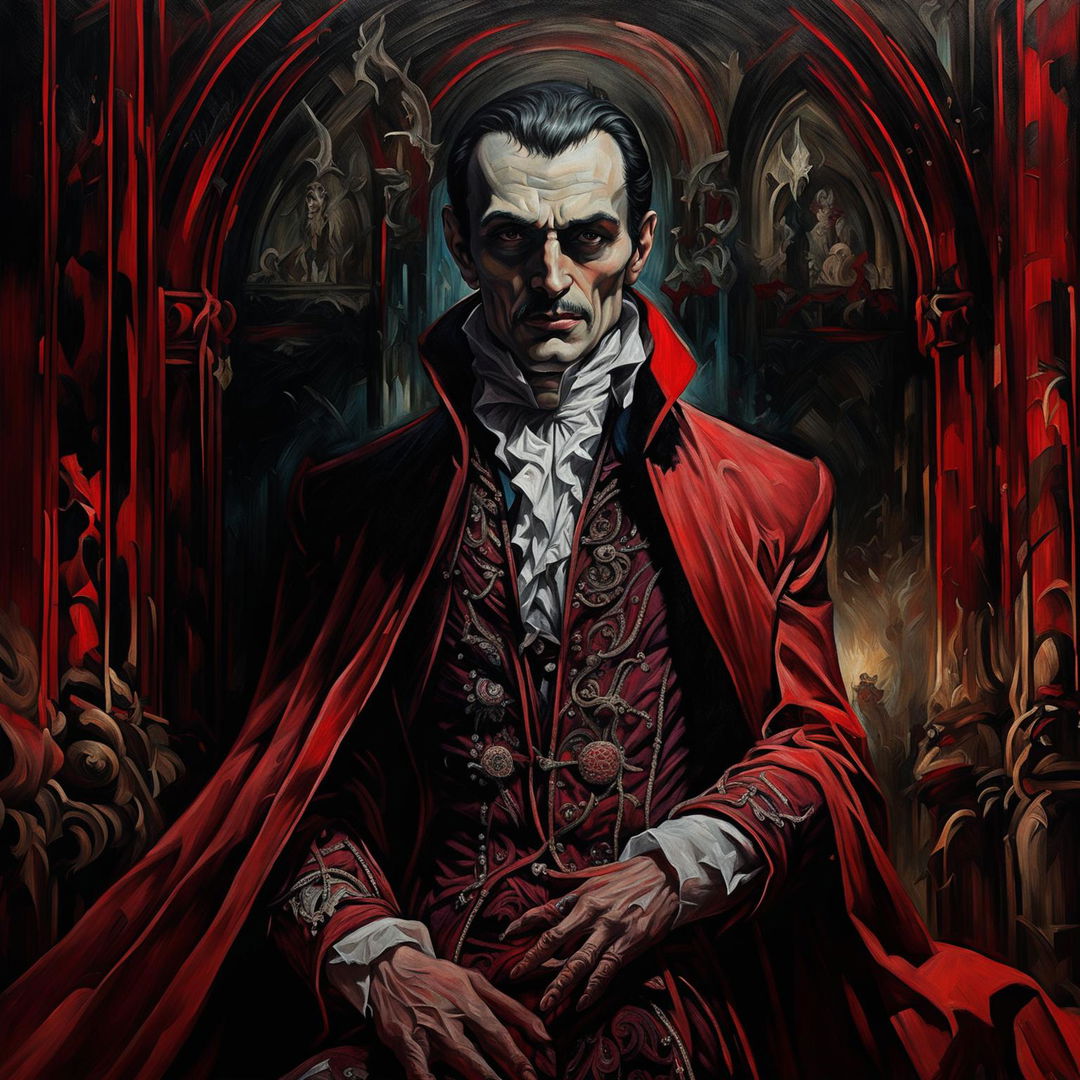 A detailed Rococo-style oil painting featuring Bram Stoker's Dracula in a richly embroidered crimson velvet cloak against a backdrop of Gothic architecture bathed in moonlight