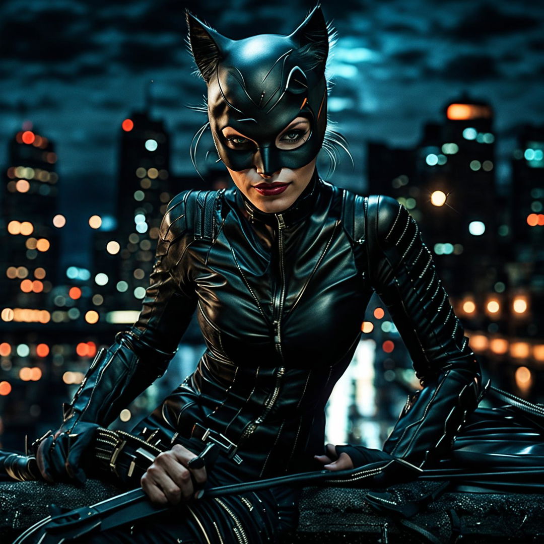 A 32k CGI photograph taken with a 200mm lens featuring Catwoman in her iconic suit against a blurred cityscape at night.