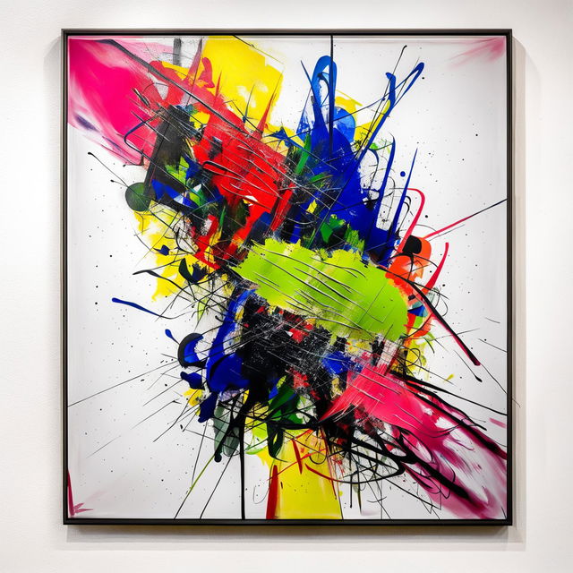 High-resolution photograph of an abstract acrylic painting displayed at MOMA, featuring bold colors, textured brushwork, and non-representational forms