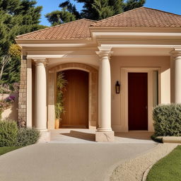 A refined residence featuring a dignified portico entrance, accompanied by a neat driveway leading to a garage.