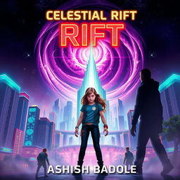 Book cover for 'Celestial Rift' showcasing Nova Prime, featuring its vibrant skyscrapers and bioluminescent gardens illuminated under a swirling cosmic rift