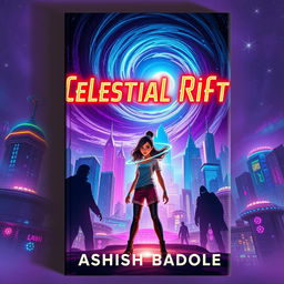 Book cover for 'Celestial Rift' showcasing Nova Prime, featuring its vibrant skyscrapers and bioluminescent gardens illuminated under a swirling cosmic rift