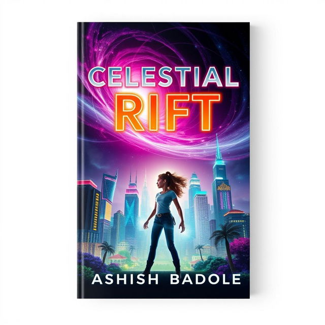 Book cover for 'Celestial Rift' showcasing Nova Prime, featuring its vibrant skyscrapers and bioluminescent gardens illuminated under a swirling cosmic rift