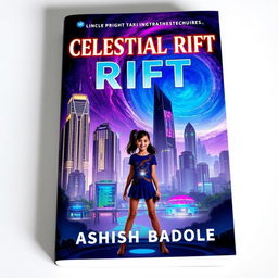 Book cover for 'Celestial Rift' showcasing Nova Prime, featuring its vibrant skyscrapers and bioluminescent gardens illuminated under a swirling cosmic rift