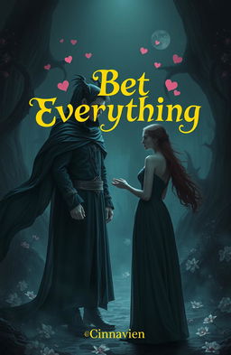 A captivating scene between a beautiful young lord of darkness with striking features, cloaked in dark, flowing garments, and a brave, ordinary woman standing confidently before him, presenting him with a challenge