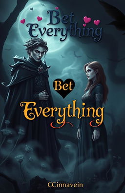 A captivating scene between a beautiful young lord of darkness with striking features, cloaked in dark, flowing garments, and a brave, ordinary woman standing confidently before him, presenting him with a challenge