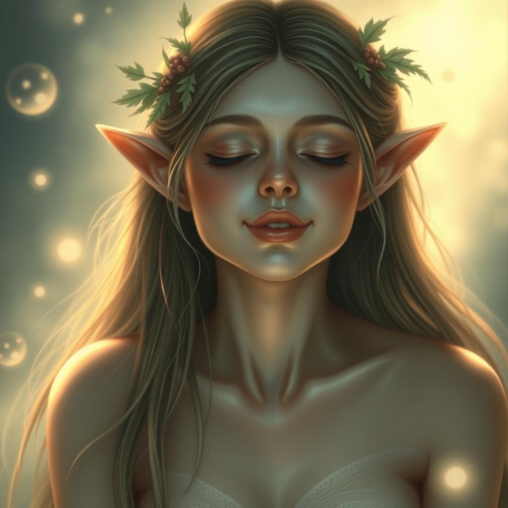 A nude elf woman with delicate, pointed ears and ethereal beauty, her skin glowing and flawless