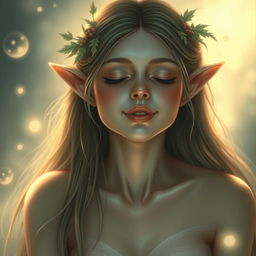 A nude elf woman with delicate, pointed ears and ethereal beauty, her skin glowing and flawless