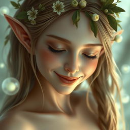 A nude elf woman with delicate, pointed ears and ethereal beauty, her skin glowing and flawless